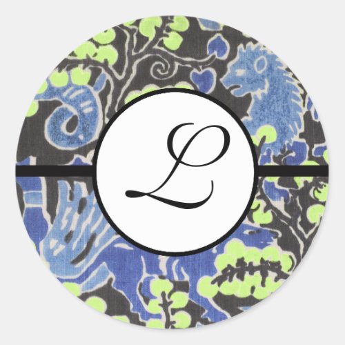 Monogram Wedding Brite Blue Borders Classic Round Sticker