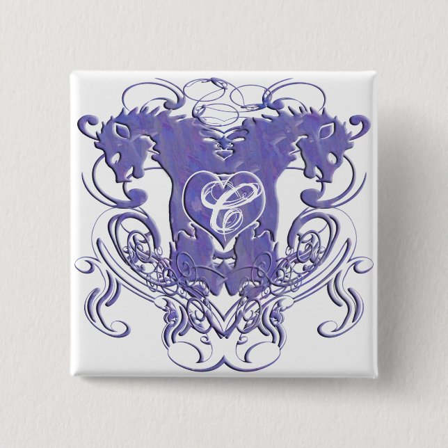 Monogram Wedding Button Lions  Swirls 4 Heads (Front)
