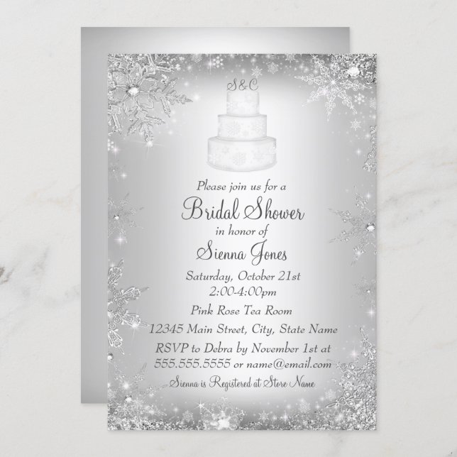 Monogram Wedding Cake Silver Bridal Shower Invite (Front/Back)