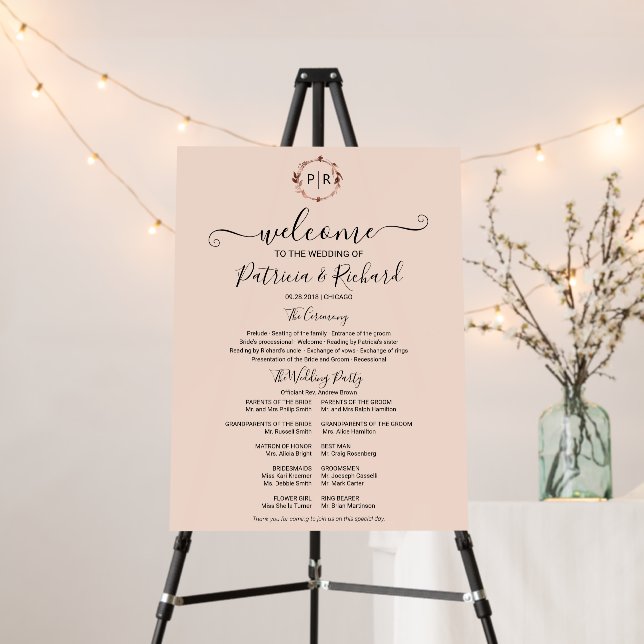 Monogram Wedding Ceremony Program Sign Foam Board (In Situ (Stand))