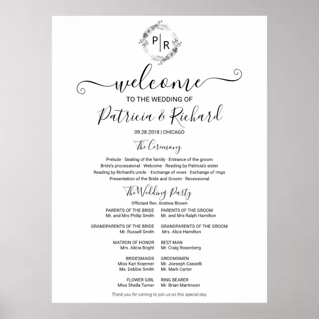 Monogram Wedding Ceremony Program Sign Foam Board | Zazzle