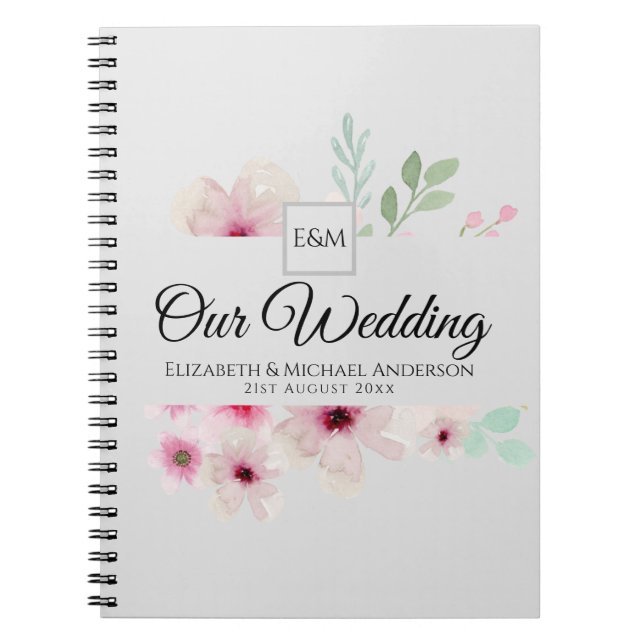 Monogram Wedding Couple Pink Blush Floral Notebook (Front)