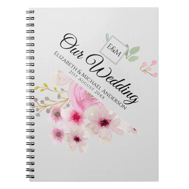Monogram Wedding Couple Pink Blush Floral Notebook (Front)