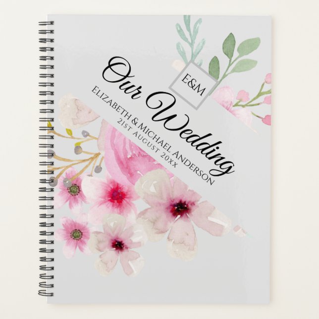 Monogram Wedding Couple Pink Blush Floral Planner (Front)