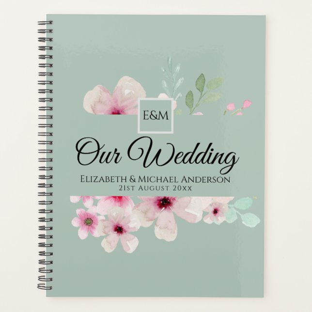 Monogram Wedding Couple Pink Blush Floral Planner (Front)