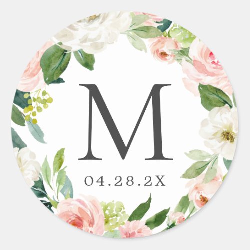 Monogram Wedding Date Blush Pink Floral Wreath Classic Round Sticker