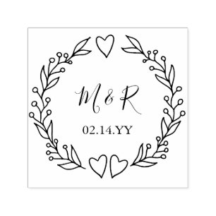 Monogram Wedding Date Doodle Botanical Wreath  Self-inking Stamp