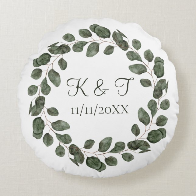 Monogram Wedding Date Eucalyptus Leaves Elegant Round Pillow (Front)