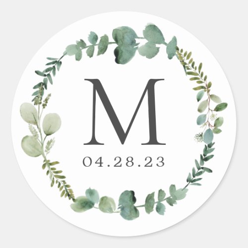 Monogram Wedding Date Eucalyptus Leaves Wreath Classic Round Sticker - Monogram Wedding Date Eucalyptus Leaves Wreath Sticker. 
(1) For further customization, please click the "customize further" link and use our design tool to modify this template. 
(2) If you need help or matching items, please contact me.