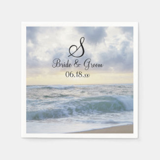 Monogram Wedding Date Names Pretty Beach Backdrop  Napkins