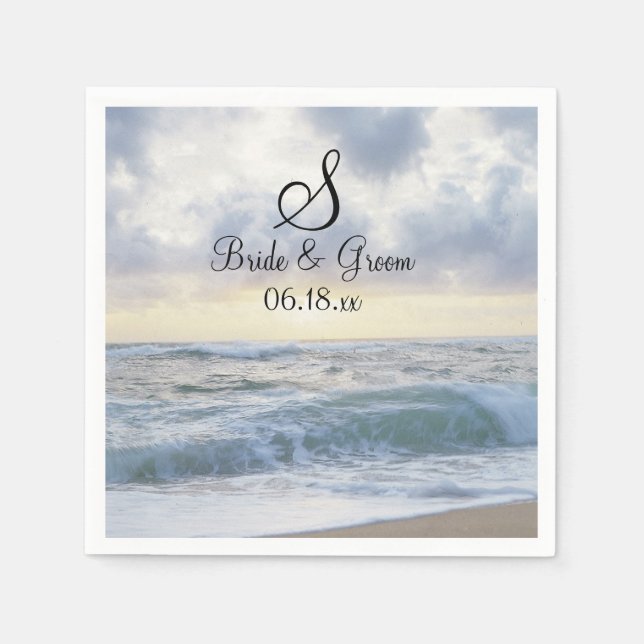 Monogram Wedding Date Names Pretty Beach Backdrop  Napkins (Front)