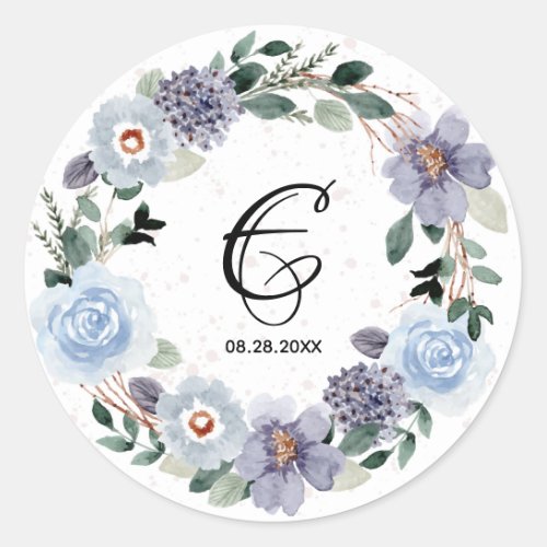 Monogram Wedding Date Purple Floral Wreath Classic Round Sticker