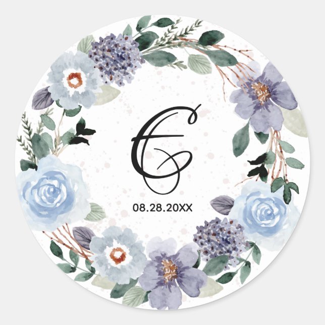 Monogram Wedding Date Purple Floral Wreath Classic Round Sticker (Front)