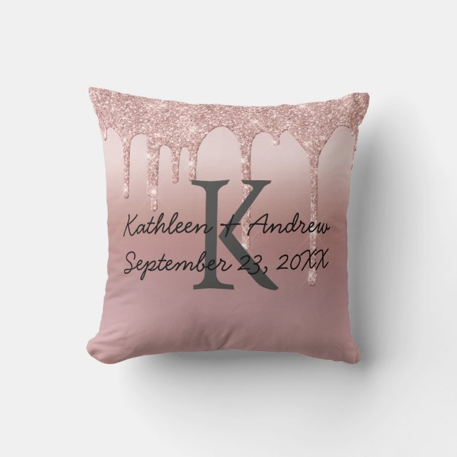 Monogram Wedding Date Rose Gold Drip Glitter Trend Throw Pillow (Front)