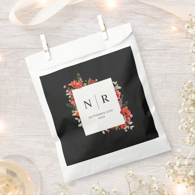 Monogram Wedding Delicate Poppy Dark Wedding Favor Bag (Clipped)