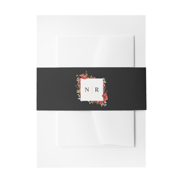 Monogram Wedding Delicate Poppy Dark Wedding Squar Invitation Belly Band (Front Example)