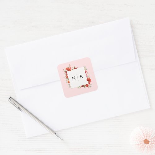 Monogram Wedding Delicate Poppy Pink Wedding Square Sticker