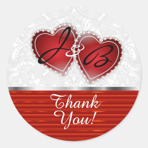 Monogram Wedding Diamond Heart on White  Red Clas Classic Round Sticker