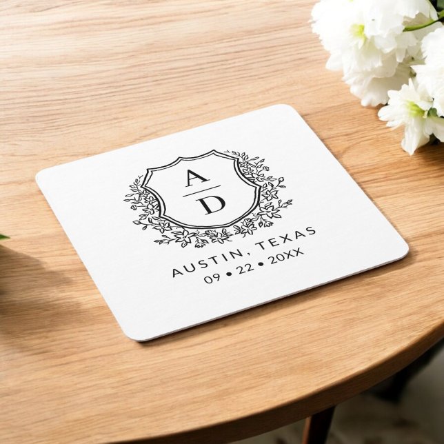 Monogram Wedding Floral Crest Elegant Square Paper Coaster (Creator Uploaded)