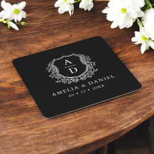 Monogram Wedding Floral Crest Elegant Square Paper Coaster