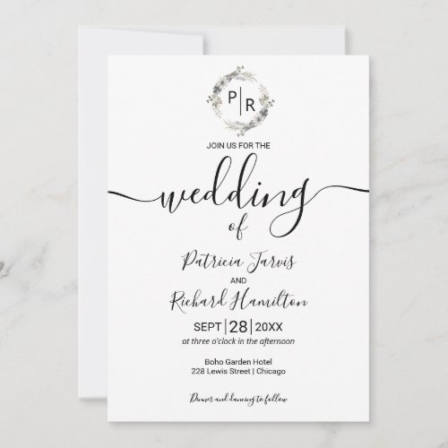 Monogram Wedding Floral Modern Calligraphy Invitation