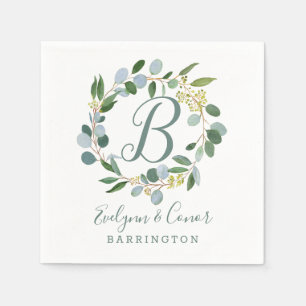 Monogram Wedding greenery wreath with eucalyptus Napkins