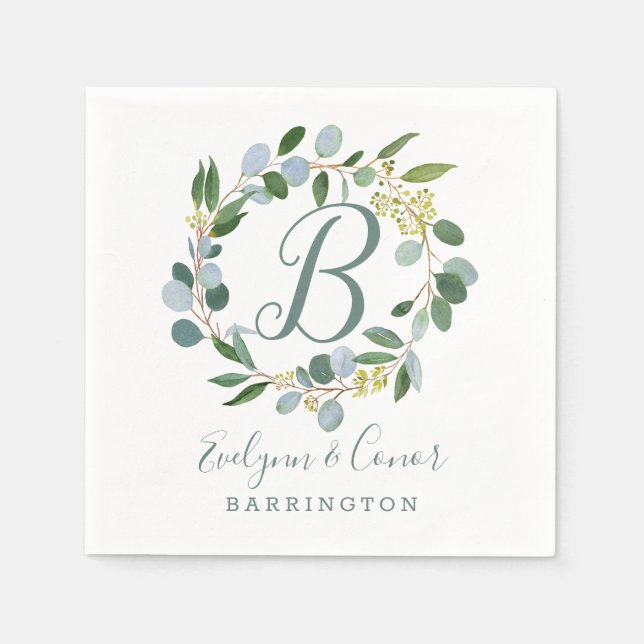 Monogram Wedding greenery wreath with eucalyptus Napkins (Front)