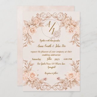 Monogram Wedding Invitation with Elegant Rose Desi