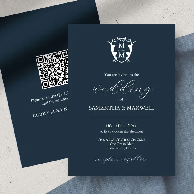 Monogram Wedding Invitation with QR Code Blue Zazzle