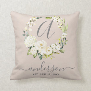 Monogram Wedding Keepsake White Floral Wreath Throw Pillow