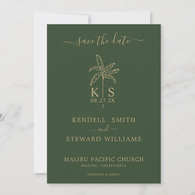 Monogram Wedding Logo Palm Tree Save the Date Invitation (Front)