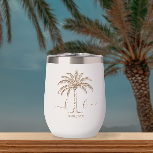Monogram Wedding Logo Palm Tree Thermal Wine Tumbler