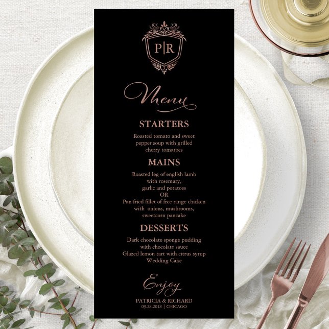 Monogram Wedding Menu Cards Black And Rose Gold (Creator Uploaded)