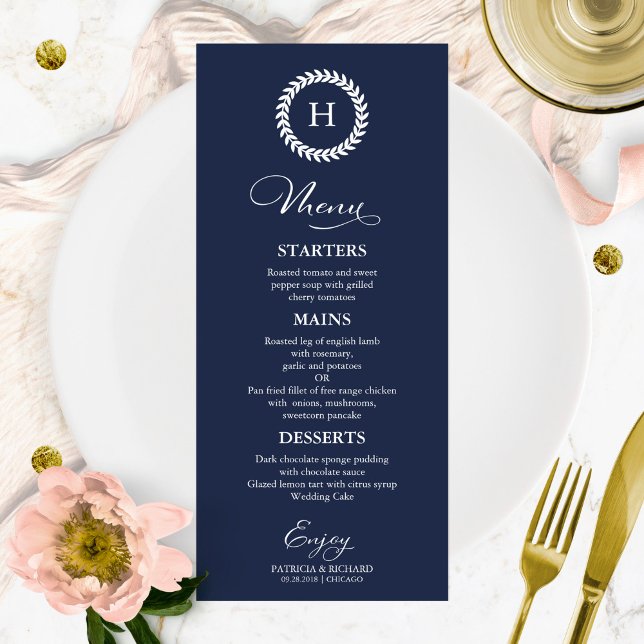 Monogram Wedding Menu Cards Navy Blue (Creator Uploaded)