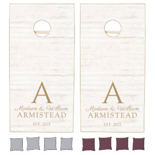 Monogram Wedding Minimalist Simple Gold White Wood Cornhole Set