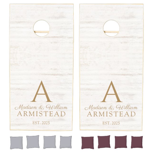 Monogram Wedding Minimalist Simple Gold White Wood Cornhole Set (Set)