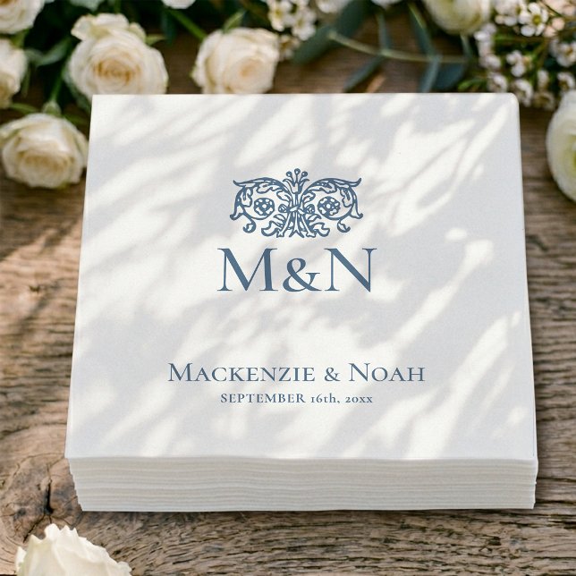 Monogram Wedding Ornate Floral Blue Paper Napkins (Creator Uploaded)