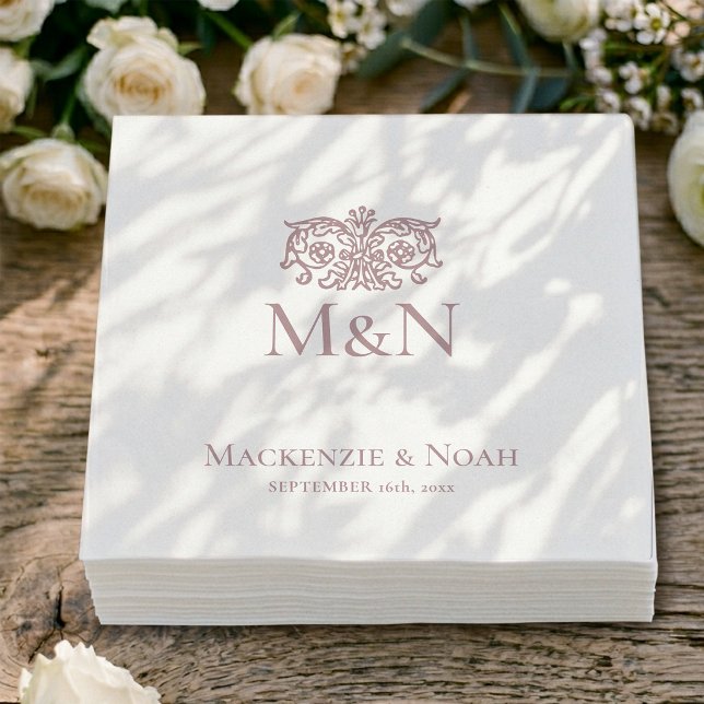 Monogram Wedding Ornate Floral Dusty Pink Napkins (Creator Uploaded)