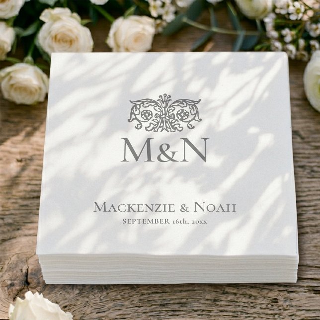 Monogram Wedding Ornate Floral Gray Paper Napkins (Creator Uploaded)