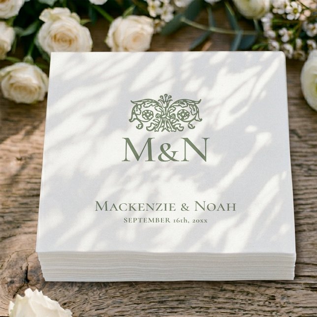 Monogram Wedding Ornate Floral Green Paper Napkins (Creator Uploaded)