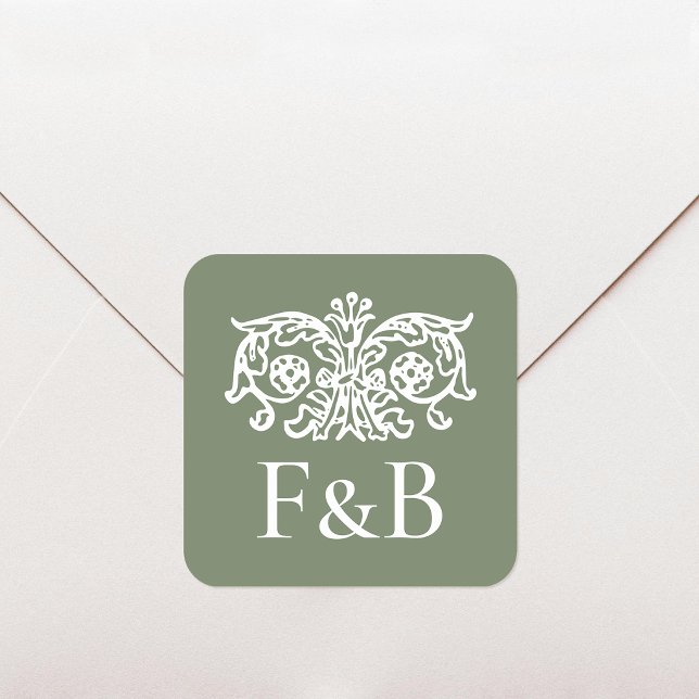 Monogram Wedding Ornate Floral Green Square Sticker (Creator Uploaded)