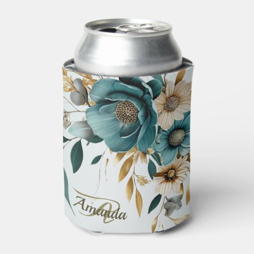 Monogram Wedding Party Turquoise Golden Leaves Can Cooler