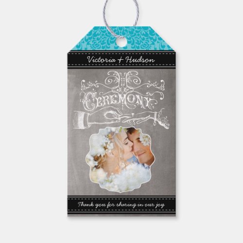 Monogram Wedding Photo Aqua Teal Damask Pattern Gift Tags