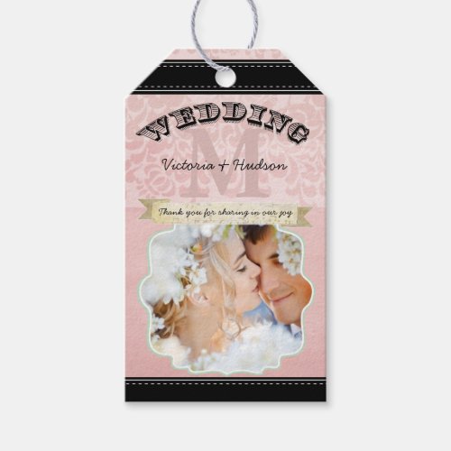 Monogram Wedding Photo Pink Damask Pattern Gift Tags