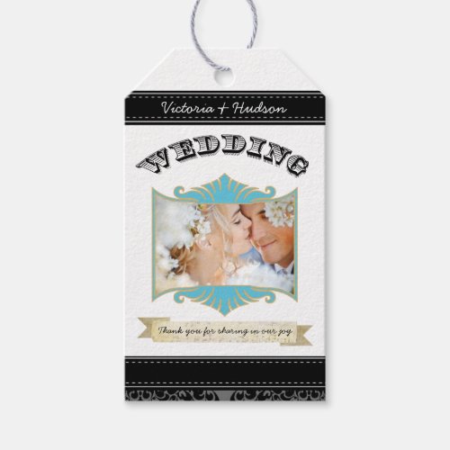 Monogram Wedding Photo Turquoise Art Deco Pattern Gift Tags