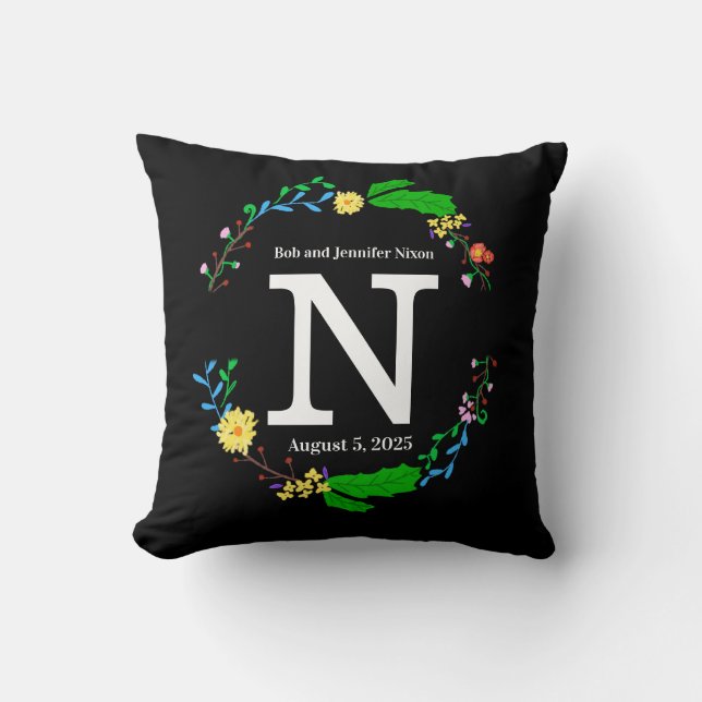 Monogram  Wedding Pillow with Colorful Wreath (Front)