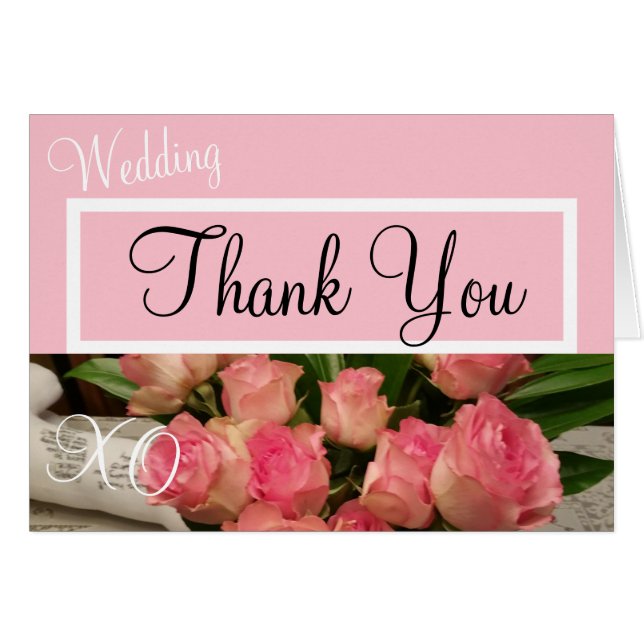 Monogram Wedding Pink Roses Thank You  Cards (Front Horizontal)
