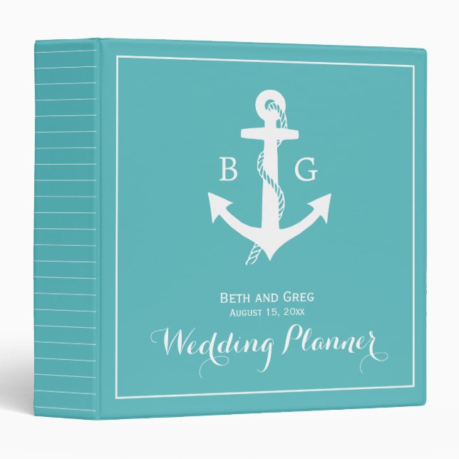 Monogram Wedding Planner Turquoise Nautical Anchor 3 Ring Binder (Front/Spine)