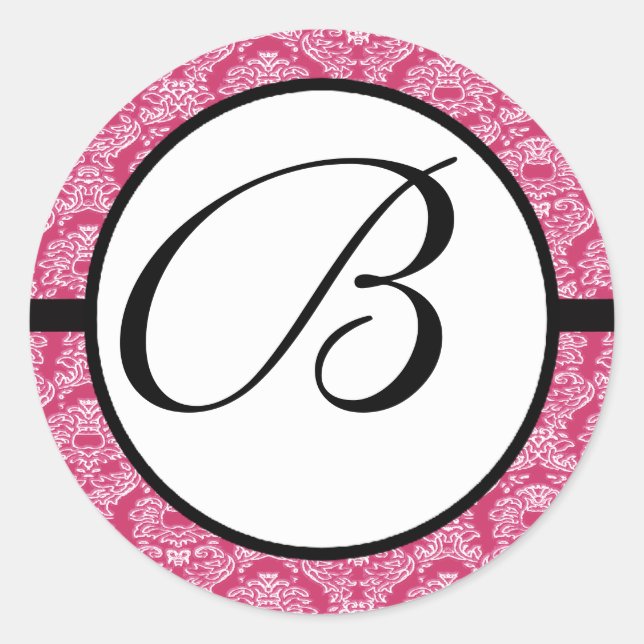 Monogram Wedding Raspberry Damask Classic Round Sticker (Front)