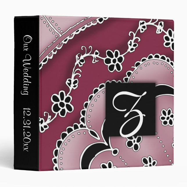Monogram Wedding Red Pink White Black Floral 3 Ring Binder (Front/Spine)